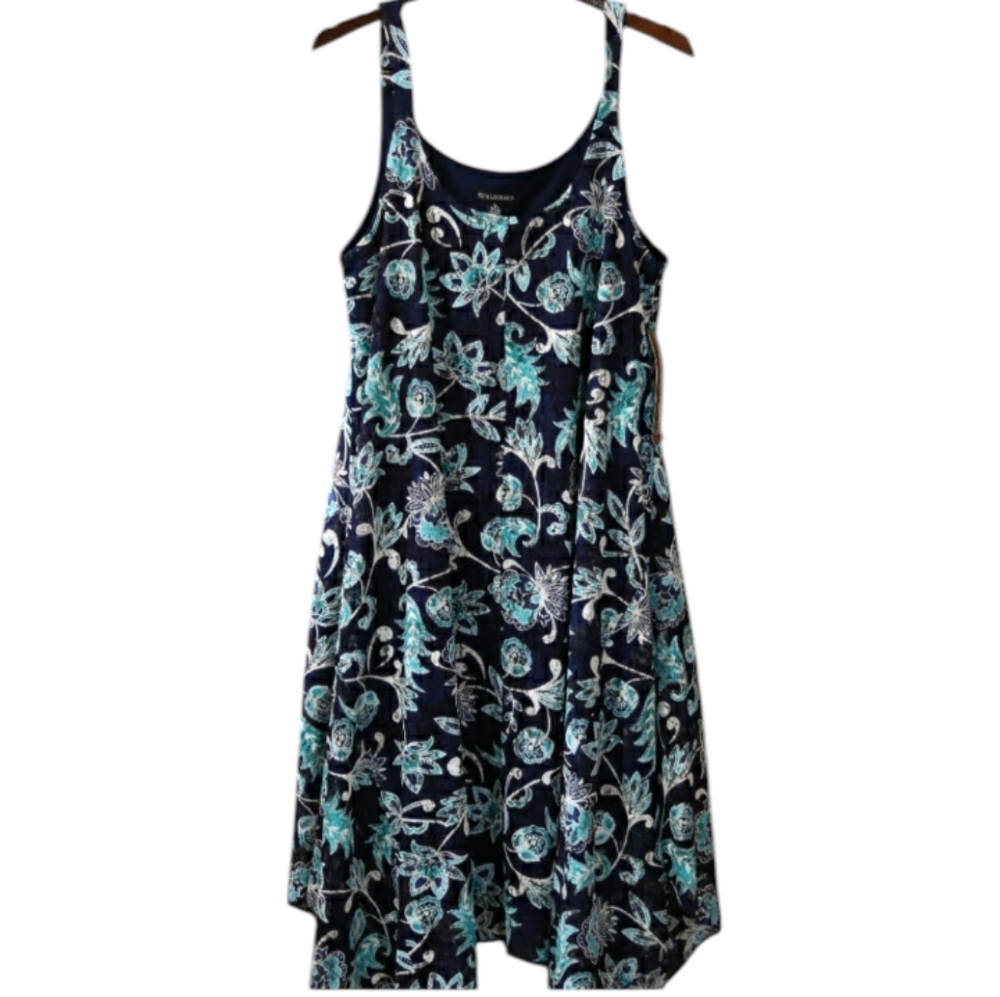 Nina Leonard Asymmetrical Dress - Navy and Teal Floral XL